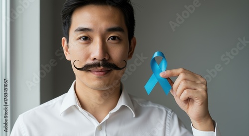 young asian man holding blue awareness ribbon, symbolizing cancer support and awareness