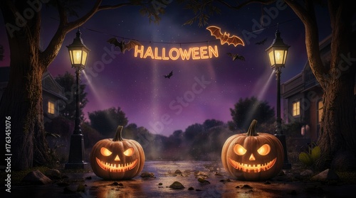 Spooky Halloween Night With Glowing Pumpkins and Bats in a Quiet Town