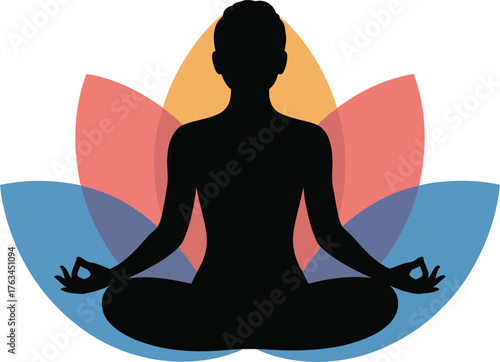 Person in a yoga pose with a vibrant colorful lotus flower silhouette