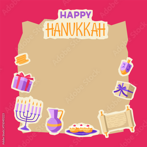 Happy Hanukkah card with stickers. Illustration with holiday objects.