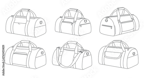Line art illustration displaying six different styles of duffel bags