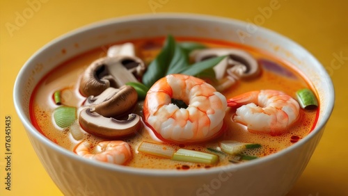 Savor the vibrant flavors of a steaming bowl of Tom Yum soup brimming with succulent shrimp, earthy mushrooms, and fresh herbs, perfect for culinary inspiration.