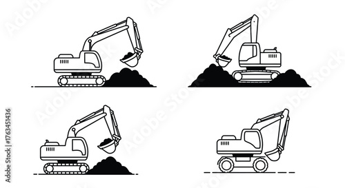 Black and white illustrations depicting excavators digging in the ground
