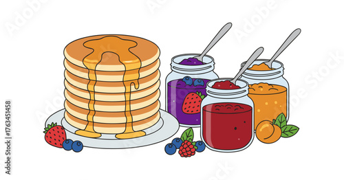 Pancakes with syrup and assortment of berry fruit jams