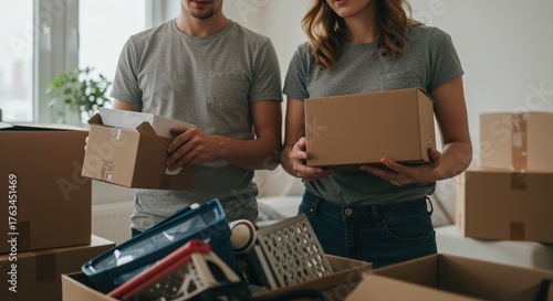 young couple packing boxes in new home on sunny day during moving process