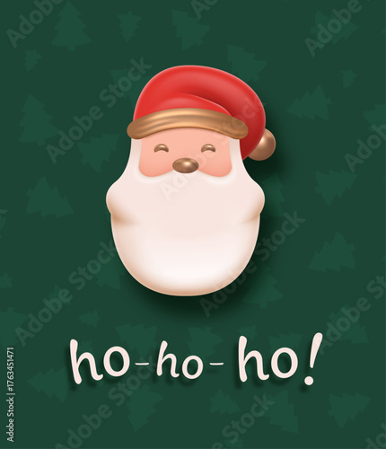 Cute Santa face on dark green background with “Ho-Ho-Ho!” text expressing classic cheerful Christmas spirit. Christmas Greeting Card Vector Illustration 