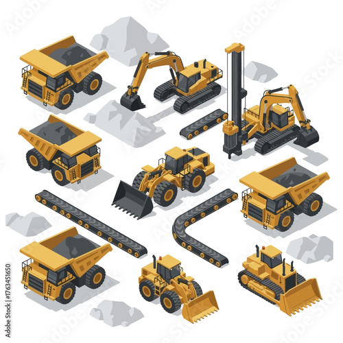 Isometric set of heavy industrial machinery for mining and construction.