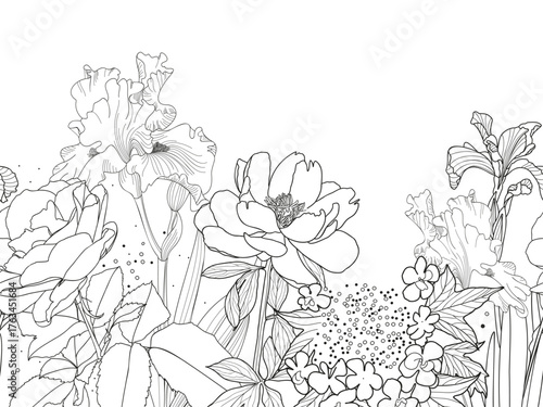 Seamless border with garden flowers. Floral background with peony, hydrangea, rose and iris. Vector illustration. 