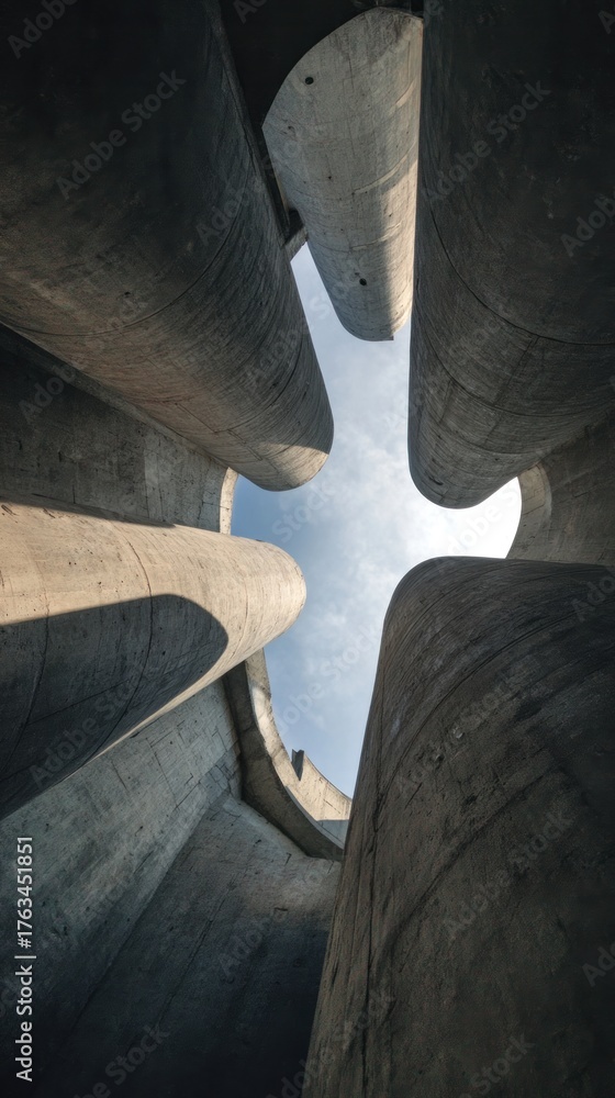 Obraz premium Looking upward within a cavernous, abstract, textured, brutalist concrete structure