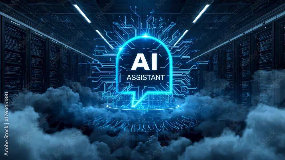 Emerging AI icon pulsing between server racks in data center corridor ...