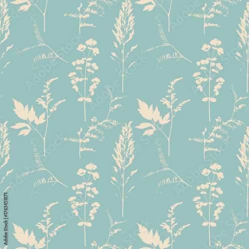 Herbal pattern with silhouettes of summer meadow cereals and grasses, pastel textile, branches of wild grasses and flowers.