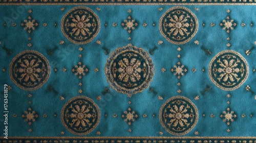 Teal fabric displays ornate gold circular and floral patterns.