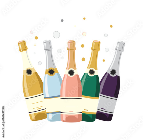 Colorful sparkling wine bottles symbolizing celebration and party