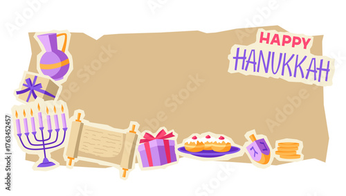 Happy Hanukkah card with stickers. Illustration with holiday objects.