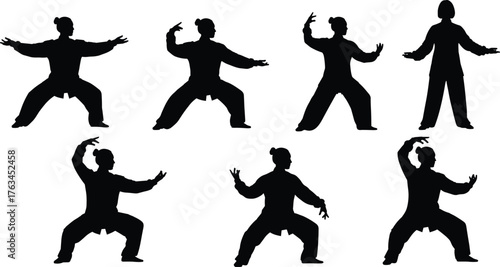 Tai Chi silhouette, martial arts pose, meditation movement, balance exercise, wellness training, graceful motion, black figure, fitness, calm, strength