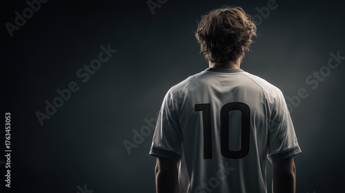 A young  man with curly hair stands with his back to the camera, wearing a white soccer jersey with the number 10. The background is dark and dramatic.