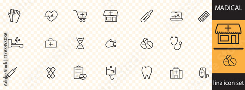 madical line icon set . editable stroke, featuring healthcare, prevention, emergency, x-ray, mri, ambulance, oxigen mask, pills, oxigen tank, medicine. thin linear