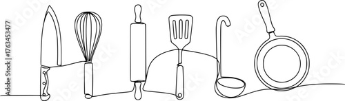 Continuous one line kitchen tools. Cooking utensil horizontal divider for food recipes for restaurant menu design. Linear vector illustration