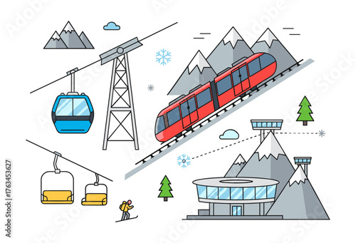 Ski resort winter mountain infrastructure transport line art