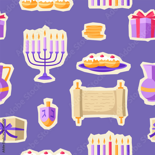 Happy Hanukkah pattern with stickers. Background with holiday objects.