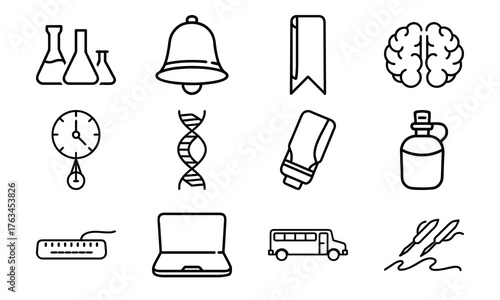 Education and science line icon set with laboratory flask, DNA, brain, school bell, clock, computer, school bus, and writing feather isolated on white background