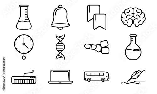 Education and science line icon set with laboratory flask, DNA, brain, school bell, clock, computer, school bus, and writing feather isolated on white background