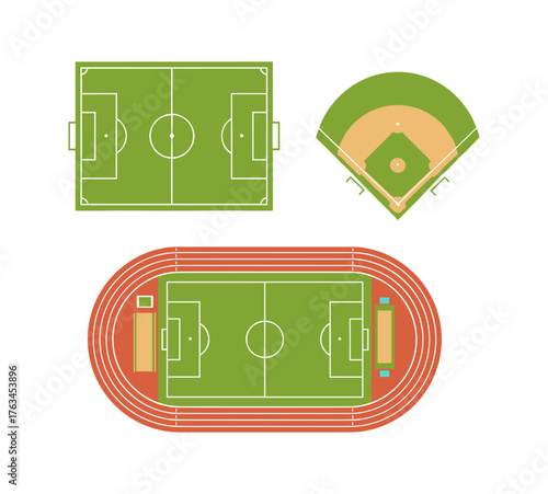 Sports fields set with soccer baseball track stadium