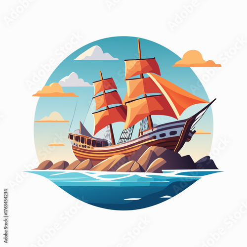 A majestic sailing ship with vibrant orange sails, resting on rocky shores under a clear sky with fluffy clouds, surrounded by calm blue waters.
