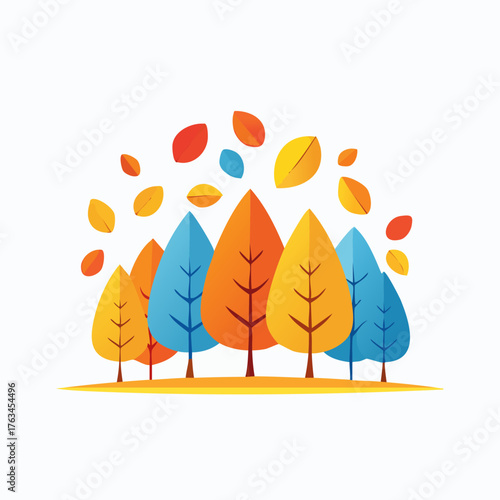Autumnal trees with falling leaves in vibrant colors.