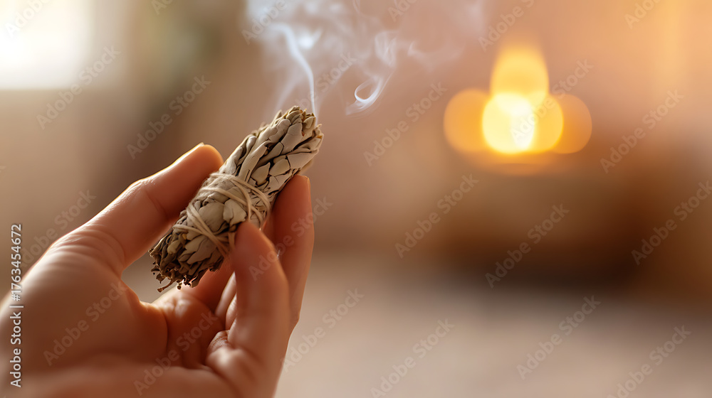 Obraz premium A hand holds a smudge stick, releasing fragrant smoke. The soft glow of light creates a calming atmosphere. Perfect for relaxation and ritual practices.