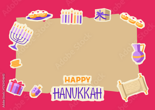 Happy Hanukkah card design with stickers. Illustration with holiday objects.