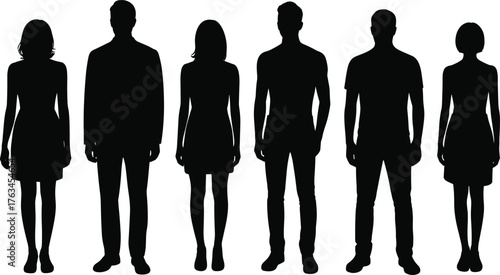 Standing human silhouette, male and female figures, posture comparison vector, fashion outline art, cad drawing flat vector illustration