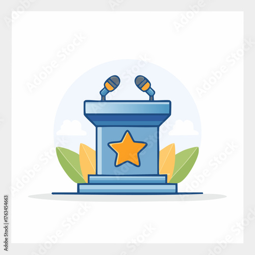Blue Podium With Star and Microphones for Presentation.