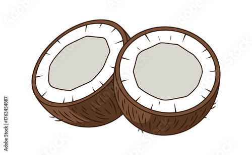 Two half coconuts showing white pulp and brown shell