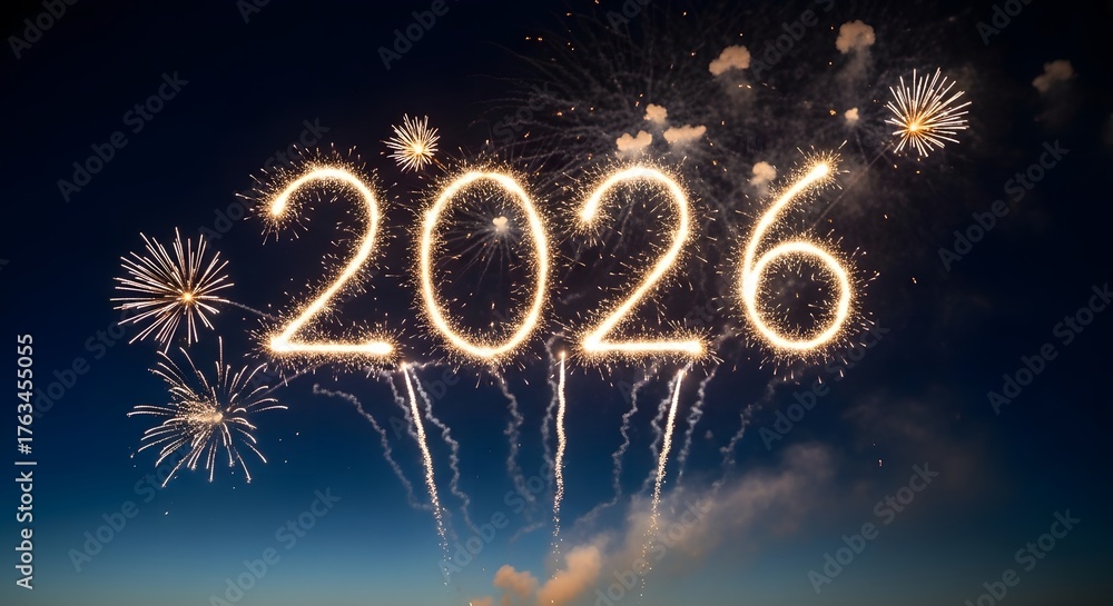 Fototapeta premium Happy New Year 2026 Fireworks Display with Bright Sky Celebration