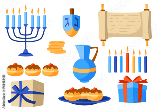 Set of Happy Hanukkah objects. Illustration of holiday religious symbols.