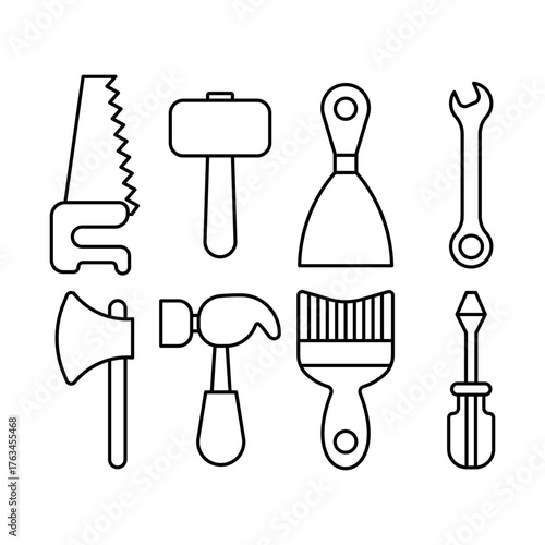 Set of Construction and Hand Tools Icons in Minimal Line Style, Editable line icon set