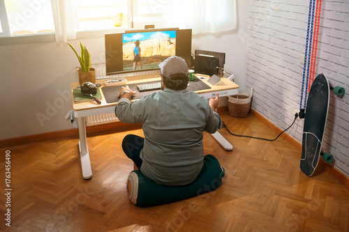 Man sitting on cushion working at low desk.
