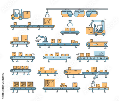 Supply chain logistics automation featuring conveyor belts and robots