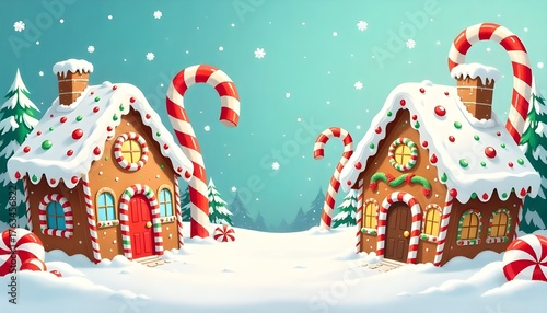 Adorable gingerbread houses with candy cane decorations stand in a snowy, festive landscape.
