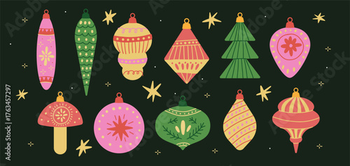 Set of christmas balls in flat drawn style. Set of ink x-max ornaments. Decorative tree toys hand-drawn in folk style.