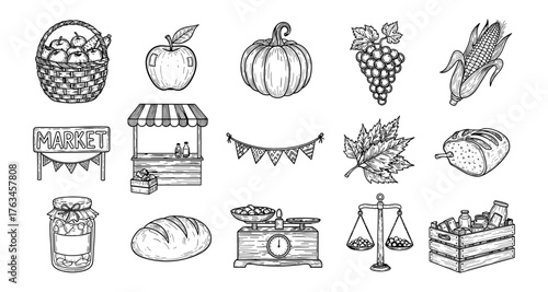 Hand drawn autumn harvest elements: fruits, vegetables, and market stalls