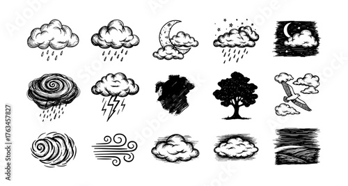 Hand-drawn weather icons collection featuring clouds, storms, and nature elements