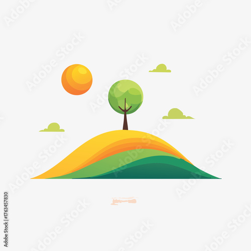 Green tree on a colorful hill with the sun.