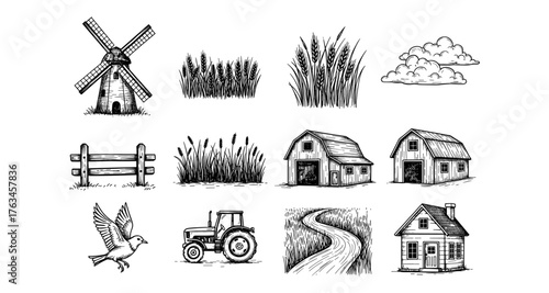 Rustic farm elements with windmill, barn, and tractor in vintage sketch style