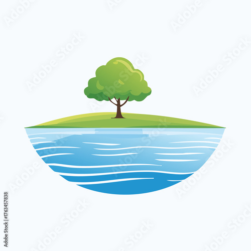 Green tree on a floating island above blue water, symbolizing nature and environmental balance.