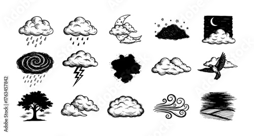 Hand drawn weather elements featuring clouds, moon, and storms in vintage style