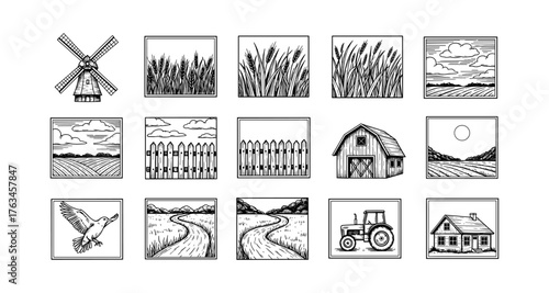 Monochrome rustic farm collection featuring fields, barn, tractor, and windmill