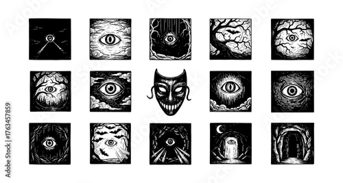 Monochrome horror art: eyes, trees, and mask in mystical forest