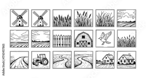 Classic rural scenes with windmills, barns, tractors, and wheat fields in black and white